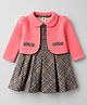 ToffyHouse Cotton Woven Full Sleeves Checked Pleated Frock With Attached Shrug - Pink