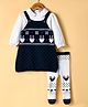 ToffyHouse Fleece Woven Full Sleeves Polka Dots Printed Winter Frock With Inner Tee & Leggings With Reindeer Design - Navy Blue