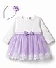 ToffyHouse Knit Full Sleeves Party Frock With Headband With Lace Detailing - White & Lavender
