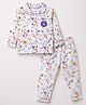 ToffyHouse Knitted Full Sleeves Bunny & Floral Printed Co-Ords Shirt & Pyjama Night Suit With Patch - White