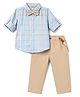 ToffyHouse Cotton Woven Full Sleeves Checked Shirt & Pant Set With Suspender & Bow - Tan & Light Blue
