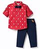 ToffyHouse Cotton Woven Full Sleeves Bear Printed Shirt & Pant Set With Suspender & Bow - Navy Blue