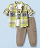 ToffyHouse Cotton Knit Full Sleeves Checked & Numbers Embroidered Shirt & Pant Set With Bear Printed Inner Tee - Green