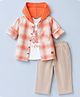 ToffyHouse Knit Woven Full Sleeves Checkered Hooded Shirt & Trouser Set with Bear Printed T-Shirt - Orange