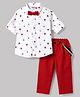 ToffyHouse Cotton Woven Full Sleeves Striped & Nautical Theme Printed Shirt & Pant Set With Suspender & Bow - Red
