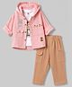 ToffyHouse Fleece Woven Full Sleeves Bear Printed T-Shirt & Pant With Hooded Sweatshirt - Pink