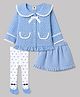 ToffyHouse Cotton Knit Full Sleeves Checked Top & Skirt Set With Footed Leggings With Lace Detailing - Blue