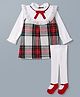 ToffyHouse Cotton Knit Full Sleeves Checked Party Frock With Bootie Leggings With Bow Applique - Red & Green