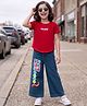 Ollington St. Cotton Knit Half Sleeves Top With Print & Denim Culottes Set- Red & Indigo