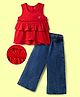 Ollington St. Cotton Sinker Knit Solid Colour Sleeveless Frill Top & Denim Culottes - Red & Blue