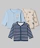 Babyhug 100% Cotton Interlock Knit Front Open Full Sleeves Striped Jhablas with Dinosaur Cactus Print Pack of 3 - Light Blue Beige Navy Blue