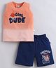 BUMZEE Cotton Knit Sleeveless Ombre Cool Dude Text Printed Tee & Shorts Set - Peach & Navy Blue