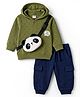 Babyhug 100% Cotton Knit Full Sleeves Checked Hooded T-Shirt & Jogger Set With Panda Applique - Green & Navy Blue