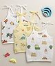 BUMZEE Muslin Woven Pack Of 3 Sleeveless Animals & Vehicles Printed Jhablas - White & Yellow