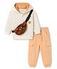 Babyhug 100% Cotton Knit Full Sleeves Checked Hooded Sweatshirt & Pant Set With Sling Bag Applique - OffWhite & Beige