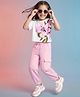 OLLINGTON ST. Sinker Knit Half Sleeves Top & Joggers Set With Floral Print - Pink & White