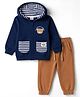 Babyhug 100% Cotton Knit Full Sleeves Striped & Bear Printed Winter Wear Set - Navy Blue & Brown