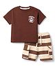 Bonfino Cotton Knit Drop Shoulder Oversized Half Sleeves T-Shirt & Shorts Set with Croissant Print - Brown