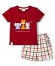 Ollypop Interlock Knit Half Sleeves Animal Embroidered Checked T-Shirt & Shorts Set - Red
