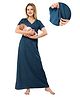 Piu Cotton Woven Half Sleeves Abstract Printed Maternity Nighty With Side Zipper Nursing Access - Blue