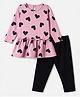 CUCUMBER Sinker Knit Full Sleeves Hearts Printed T-Shirt & Pant Set - Pink