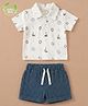 Cot & Candy Organic Cotton Woven Half Sleeves Nautical Theme Printed Polo Tee & Shorts Set - White & Blue