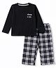 Honeyhap Premium 100% Cotton Knit Full Sleeves Text Printed T-Shirt & Pajama Night Suit with Bio Finish & Checks - Black Beauty