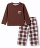Honeyhap Premium 100% Cotton Knit Full Sleeves Text Printed T-Shirt & Pajama Night Suit with Bio Finish & Checks - Brown