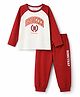 Honeyhap Premium 100% Cotton Knit Full Raglan SleevesT-Shirt & Pyjama Night Suit with Text Print & Bio Finish - Marshmallow & Pompeian Red