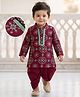 EARTHY TOUCH Cotton Jersey Knit Full Sleeves Kurta Dhoti Set With Neck Detailing & Floral Print - Maroon