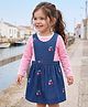 Babyhug Denim Woven Full Sleeves Cherry Embroidered & Striped Frock With Inner Tee - Navy Blue