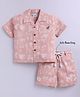 LITTLE COLLARS Cotton Woven Half Sleeves Animals Printed Coordinating Shirt & Shorts Set - Peach