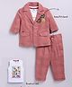 LITTLE COLLARS Cotton Woven Tropical Theme Printed Tee & Trousers Set With Full Sleeves Animal Patch Detailed Jacket - Peach