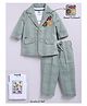 LITTLE COLLARS Cotton Woven Tropical Theme Printed Tee & Trousers Set With Full Sleeves Animal Patch Detailed Jacket - Green