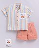 LITTLE COLLARS Cotton Woven Half Sleeves Striped & Car Printed Patch Pocket Detailed Shirt & Shorts Set - Peach