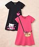 Trampoline Cotton Blend Knit Half Sleeves Teddy Bear & Cat Face Bag Printed Dresses - Pink & Black