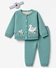 Yellow Apple Knit Full Sleeves Floral & Duck Embroidered Sweater Set With Headband - Teal Blue