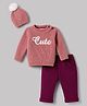 Yellow Apple Knit Full Sleeves Baby Sweater Set with Text Design & Cap - Rose Gold