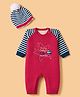 Yellow Apple Knit Full Sleeves Rompers With Text Embroidery & Cap - Red