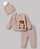 Yellow Apple Knit Full Sleeves Sweater Set with Cap & Bear Applique - Beige