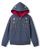 Yellow Apple Knit Full Sleeves Floral Embroidered Hooded Sweatjacket - Blue