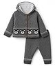 Yellow Apple Knit Full Sleeves Hooded Sweater Set with Puppy Design - Grey