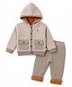 Yellow Apple Fleece lining Knit Full Sleeves Front Open Hooded Sweater Set with Checkered Design -Tan