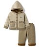 Yellow Apple Fleece lining Knit Full Sleeves Front Open Hooded Sweater Set with Checkered Design -Tan