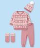 Yellow Apple Knit Full Raglan Sleeves Sweater Set & Cap with Bunny & Floral Design- Pink