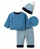 Yellow Apple Knit Full Raglan Sleeves Cable Knit Designed Sweater Sets with Cap & Checks - Blue