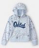 OshKosh B'gosh Cotton Woven Full Sleeves Kangaroo Pocket Zip-Up Hoodie With Floral Print & Text Embroidery - Blue