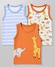Babyhug 100% Cotton Single Jersey Knit Sleeveless Antibacterial Striped Sando With Animal Print Pack of 3 - Orange, Light Blue & White
