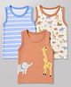Babyhug 100% Cotton Single Jersey Knit Sleeveless Antibacterial Striped Sando With Animal Print Pack of 3 - Orange, Light Blue & White