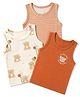 Babyhug 100% Cotton Single Jersey Knit Sleeveless Antibacterial Striped Sando With Teddy Print Pack of 3 - OffWhite, Orange & Rust Orange